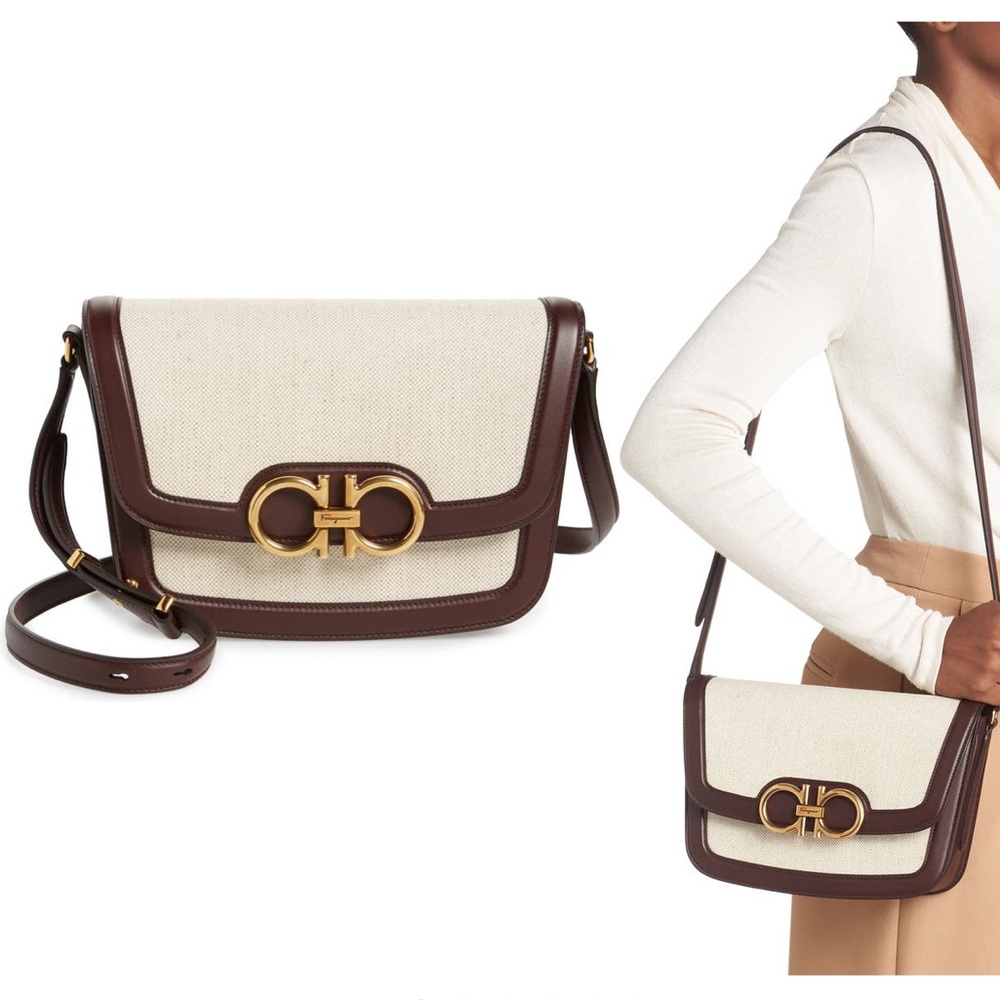 NEW🔥FERRAGAMO Trapezio Canvas & Leather Crossbody Bag🔥